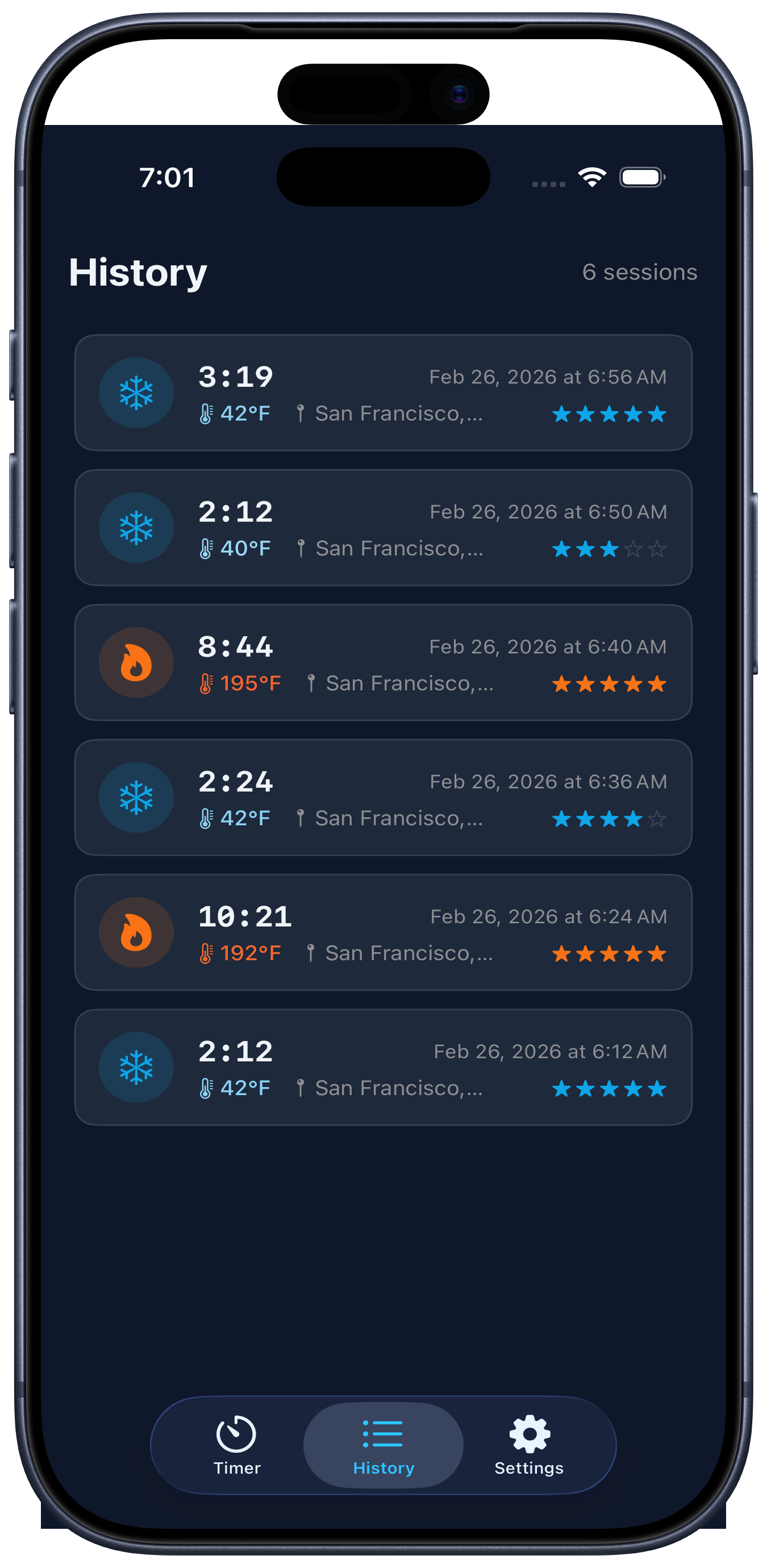 Session history with cold plunge and sauna entries