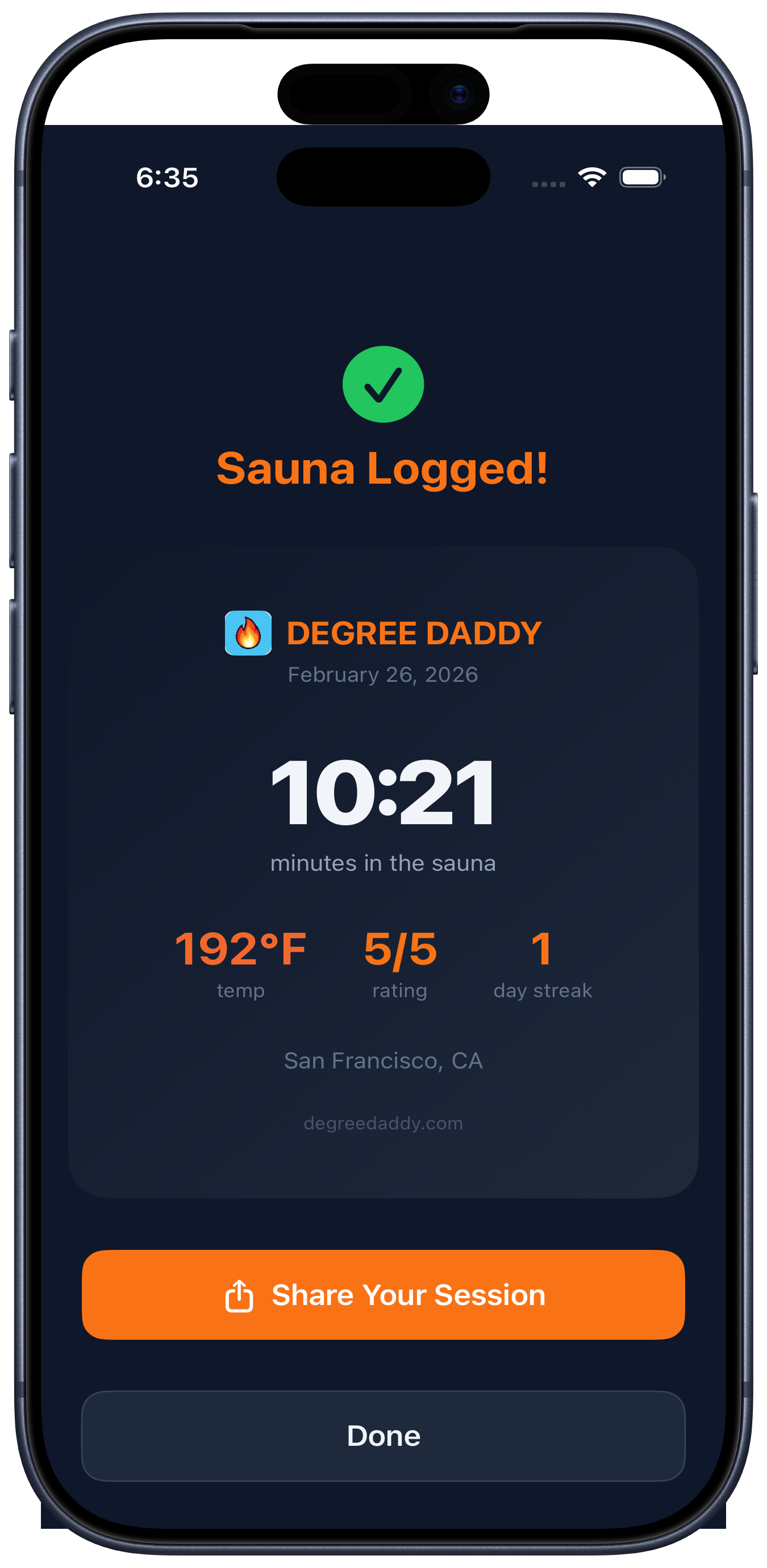 Sauna session logged with share card