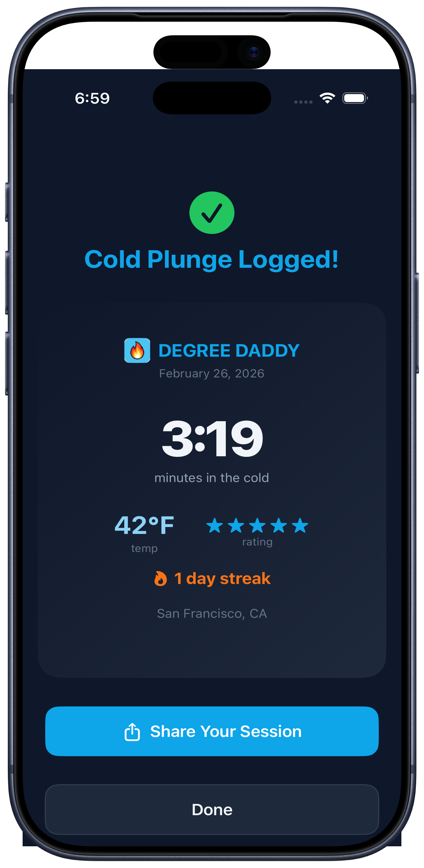 Cold plunge session complete with share card